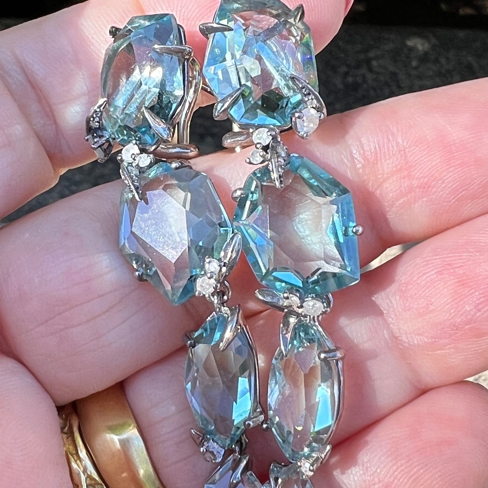 ALEXIS BITTAR FINE BLUE QUARTZ GRAY DIAMONDS LONG DROP DANGLE EARRINGS STATEMENT - Picture 8 of 16